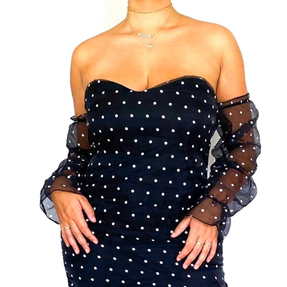 Black Organza Polka Dot Ruched Bodycon Dress